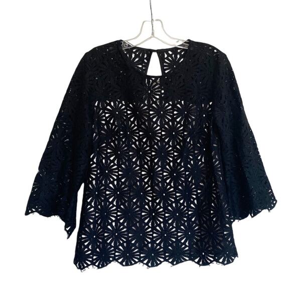 Trina Turk‎ Wilson Black Lace 3/4 Sleeves Blouse Top Black Cream M - Picture 4 of 15